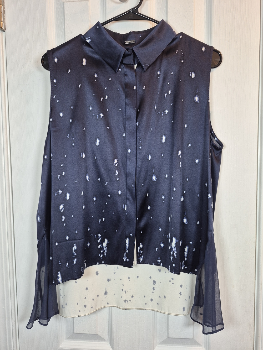 Elie Tahari Silk Paint Splatter Sleeveless Blouse Navy Layered High-Low Top L